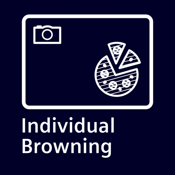 Grafik mit einer Kamera und einer Pizza, die in mehrere Stücke geteilt ist, unter der Aufschrift 'Individual Browning'.