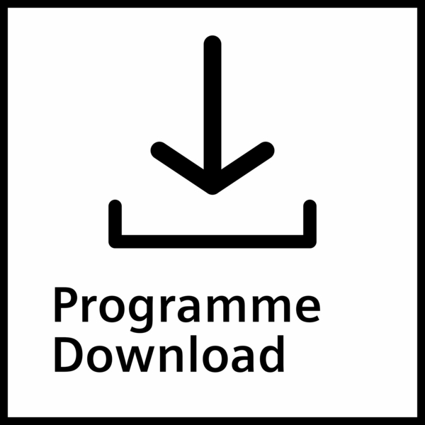 Symbol eines Pfeils, der auf eine Linie zeigt, mit dem Text 'Programme Download' darunter.