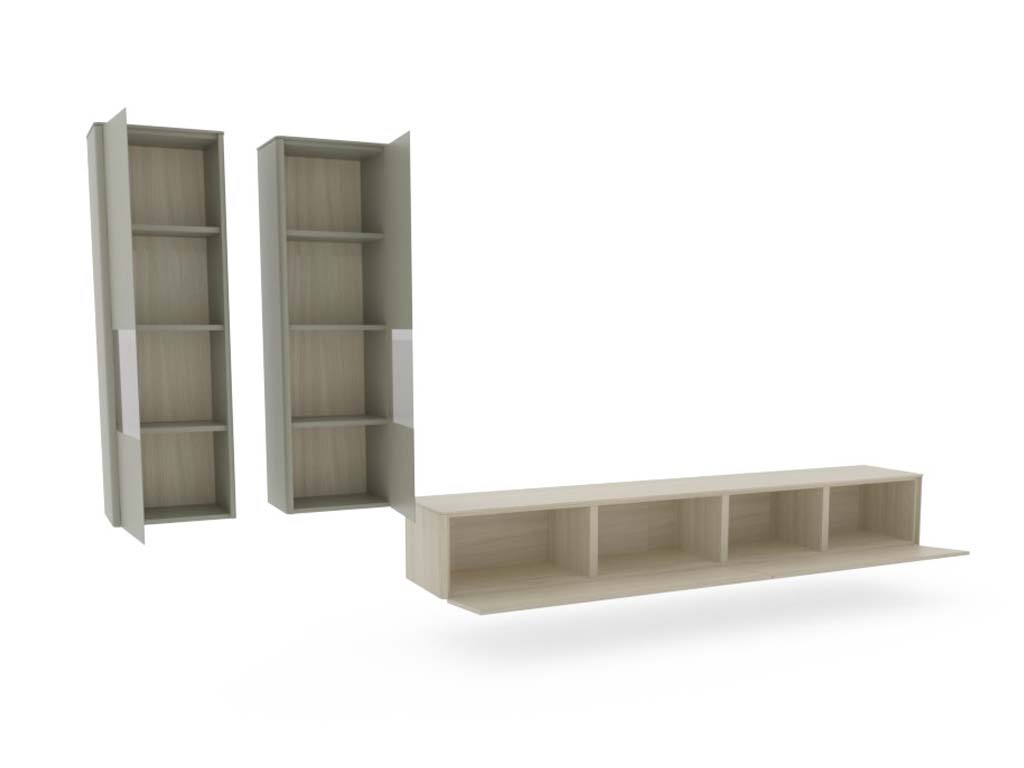 Zwei hängende Schränke und ein horizontales Regal aus hellem Holz für zusätzlichen Stauraum