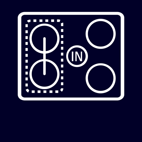 Grafische Darstellung eines Induktionskochfelds mit mehreren Heizkreisen und Flexi-Zone-Markierungen auf dunklem Hintergrund