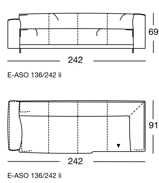 Maßzeichnung eines Sofaelements vor weißem Hintergrund freistil Rolf Benz 136
