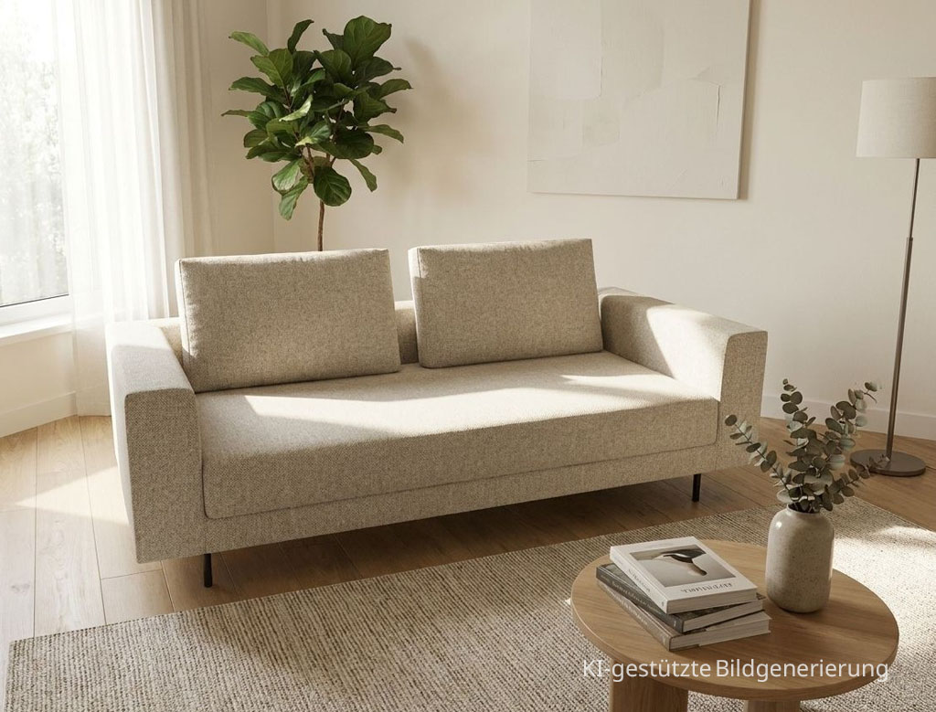 modernes Sofa mit beigem Bezug stilvoll dekoriert in einem modernen Raum