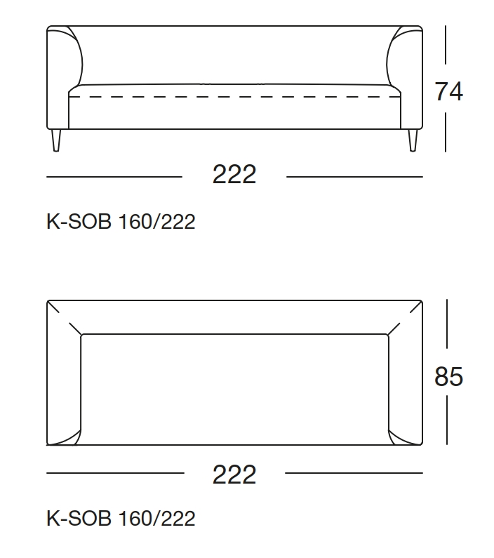 Maßzeichnung eines Sofaelements vor weißem Hintergrund freistil Rolf Benz 160