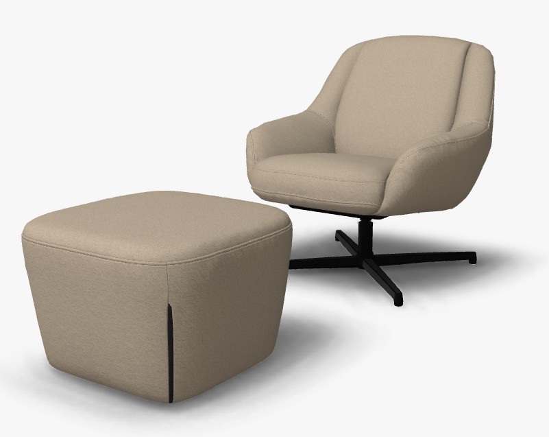 Sessel set mit einem hocker in beige und Sessel mit schwarzem kreuzfuß vor weißem Hintergrund