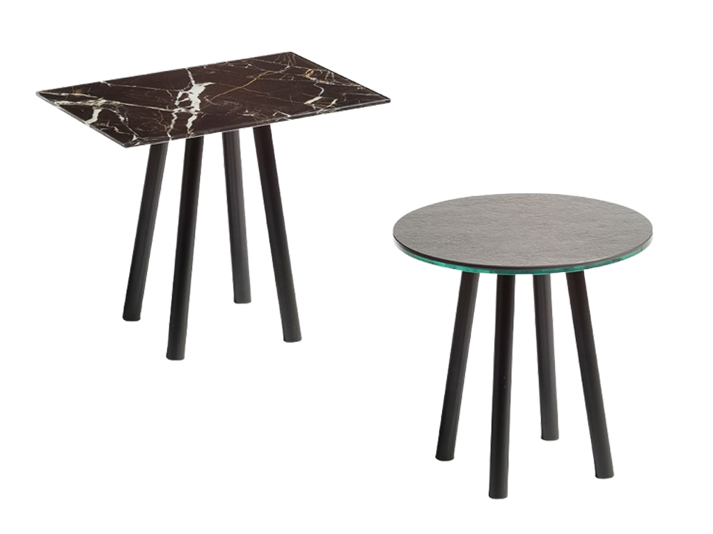 designwerk Tische - Couchtisch Four Leg | H: 40 cm Zwei Beistelltische, einer rechteckig mit Marmorplatte und einer rund mit Glasplatte, beide mit schwarzen Beinen