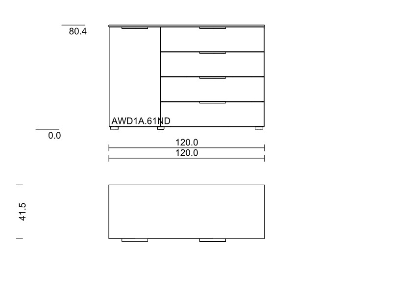 Maßzeichnung einer Kommode mit vier Schubladen und einer Drehtür vor weißem Hintergrund