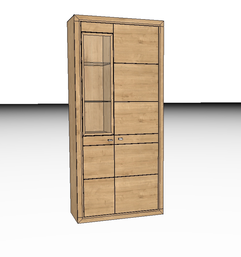 Holzvitrine mit Schranktüren und Glaseinsätzen, stehend in einem modernen Design.