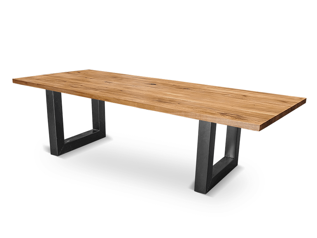 wohnfitz Esstisch | Gerade Kante | Wildeiche Großer rechteckiger Esstisch mit Holzplatte und schwarzem Metallgestell, ideal für Esszimmer oder Büro