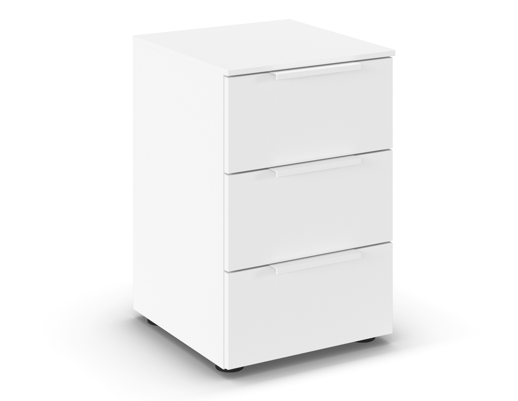 weißer Nachttisch mit drei Schubladen vor weißem Hintergrund