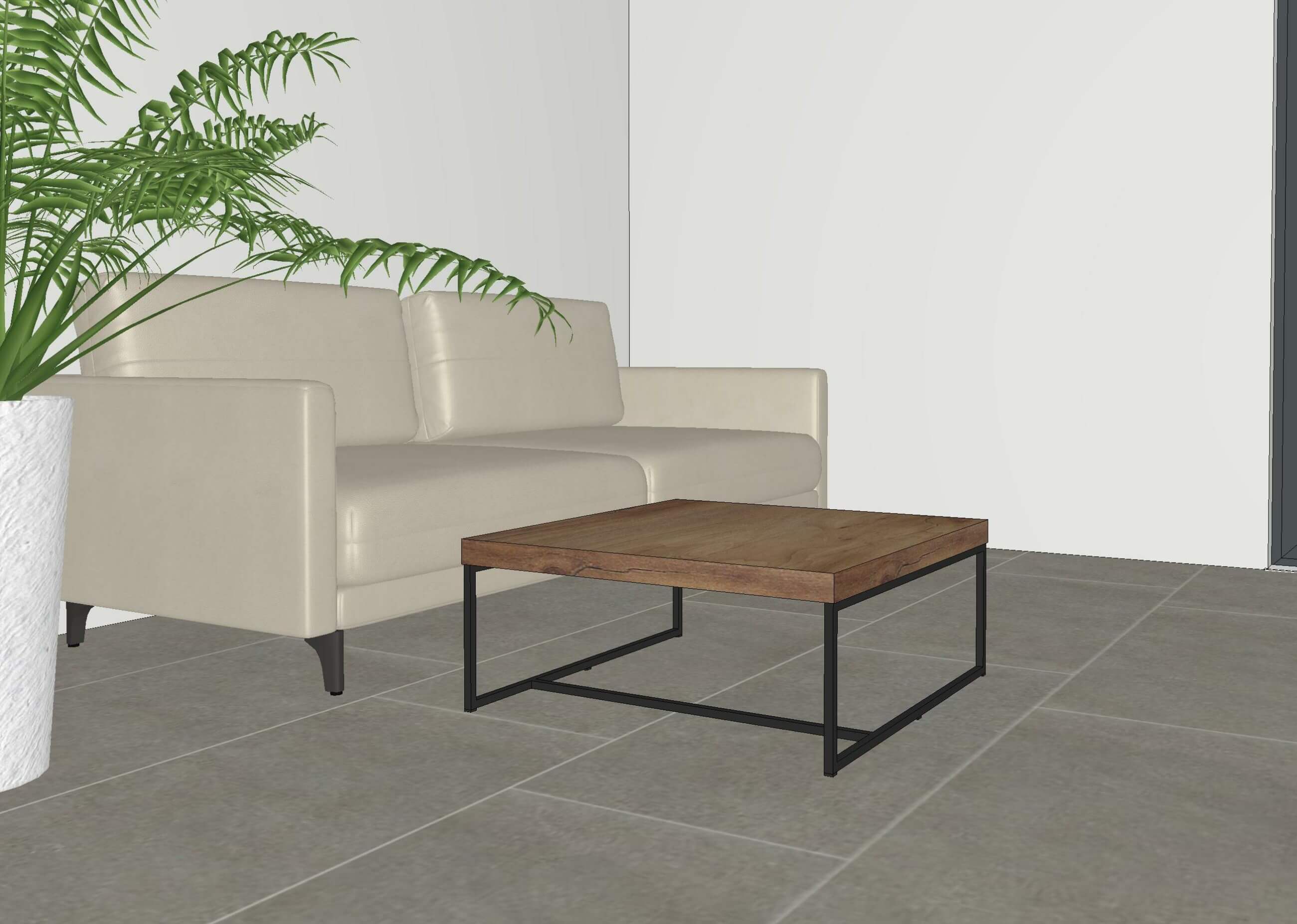couchtisch braun mit schwarzen metallgestell an beigem sofa und pflanze