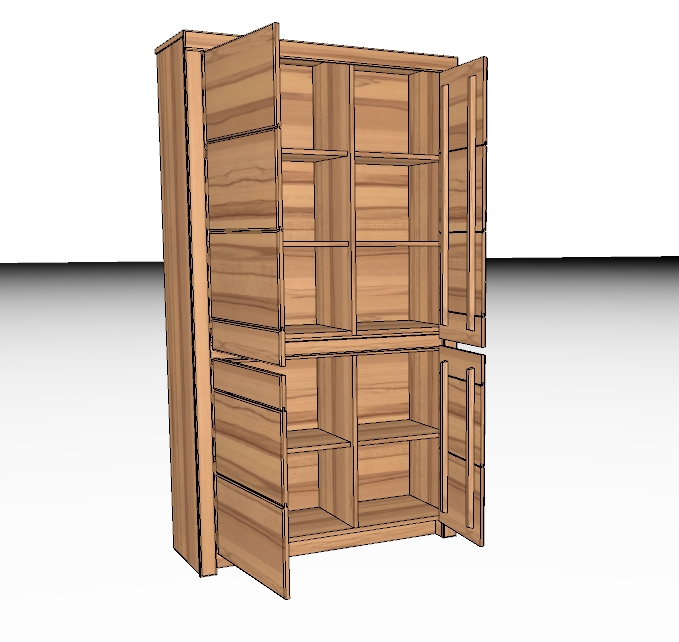 Ein moderner, hölzerner Schrank mit mehreren geöffneten Türen und sichtbaren Regalfächern.