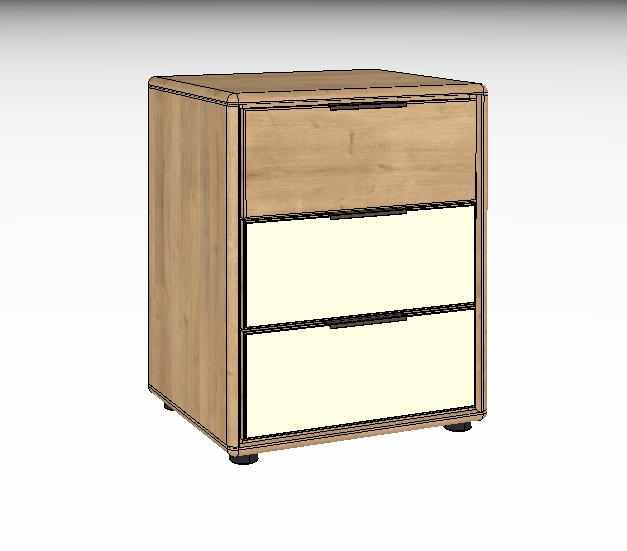 Holz-Nachttisch mit drei Schubladen vor weißem Hintergrund