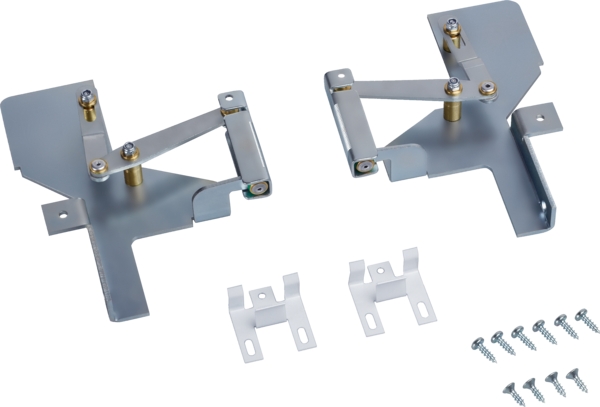 Set bestehend aus zwei Metall-Haltewinkeln und mehreren Schrauben zur Montage von Möbeln