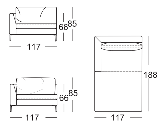 Maßzeichnung eines Sofaelements vor weißem Hintergrund