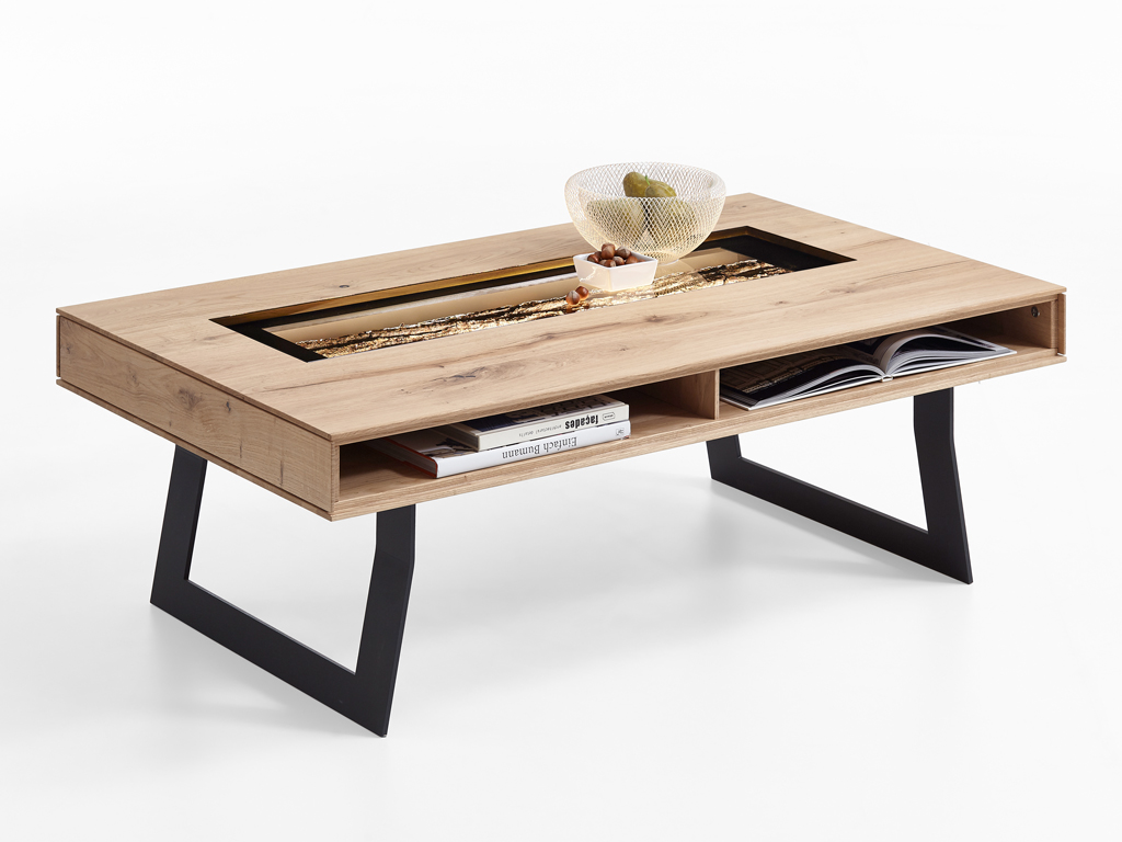 hartmann Runa - Couchtisch | 0425 frei stehender Massivholz Couchtisch von hartmann Runa mit Vitrinenglas auf der Tischplatte und Baumrinde im Inneren