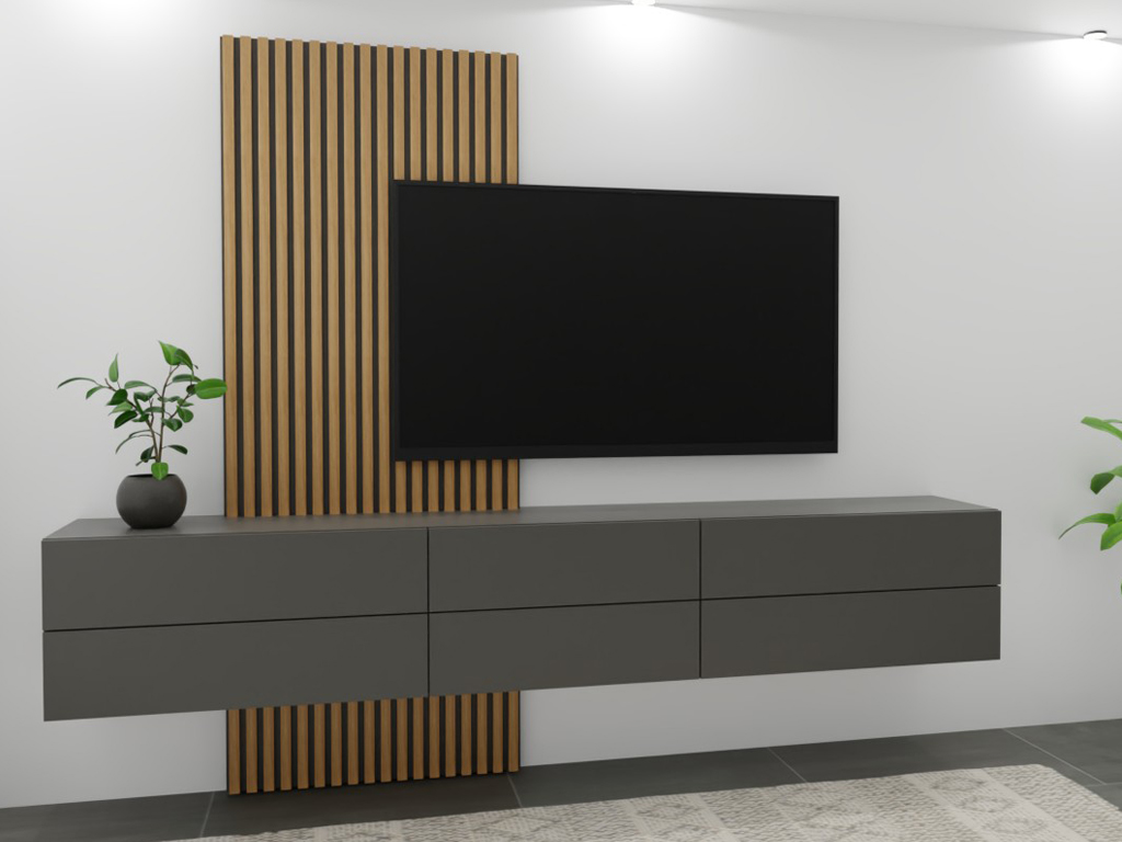 Sudbrock Cubo - Wohnwand mit Paneelrückwand | B: 280,0 cm | Glattlack onyxgrau, Ethno Eiche Moderner TV-Schrank mit dunklen Schubladen und Holzvertäfelung, dekoriert mit Zimmerpflanzen