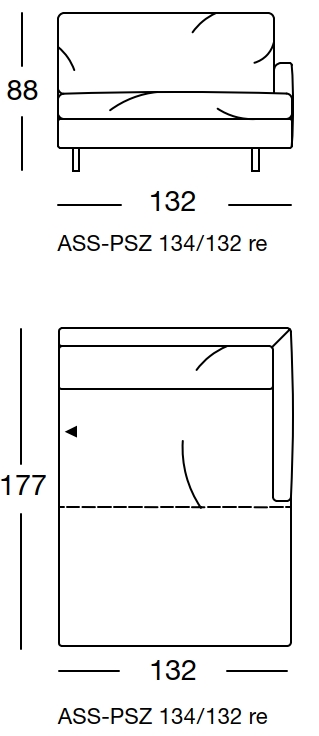 Maßzeichnung eines Sofaelement vor weißem Hintergrund freistil Rolf Benz 134