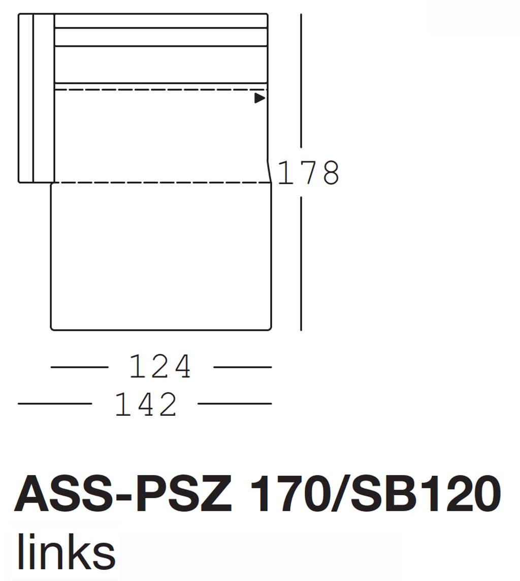 Maßzeichnung eines Sofaelements vor weißem Hintergrund freistil Rolf Benz 170