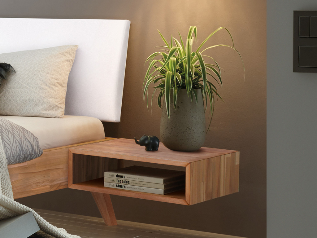 Hasena - Akai Nachttisch | B: 50 cm | alle Ausführungen konfigurierbar Detailaufnahme eines hellbraunen Hängenachtschranks in Form eines offenen Fachs mit einer olivgrünen Blumenvase mit Gräsern