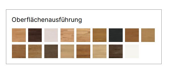 Farbmuster von verschiedenen Holzoberflächen in Tabellenform von Hasena