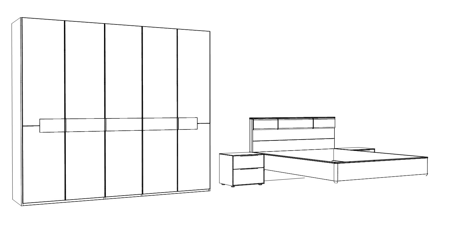 Illustration eines fünftürigen Schrankes und einem Bett mit Nachtschränken vor weißem Hintergrund
