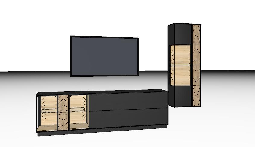 3D-Rendering einer modernen Wohnwand bestehend aus einem schwarzen TV-Panel, einem niedrigen schwarzen Sideboard mit Holztüren und einem hohen schwarzen Schrank mit Holzelementen.