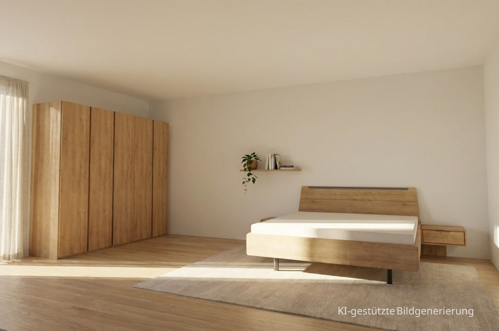 Modernes braunes Schlafzimmer mit einem fünftürigen Kleiderschrank, Doppelbett und zwei Konsolen stilvoll dekoriert in einem modernen Zimmer generiert, Bild KI-generiert