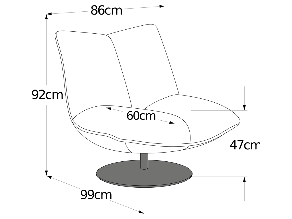 Technische Zeichnung eines modernen Sessels mit den Abmessungen 86x99x92 cm und einer Sitzhöhe von 47 cm.