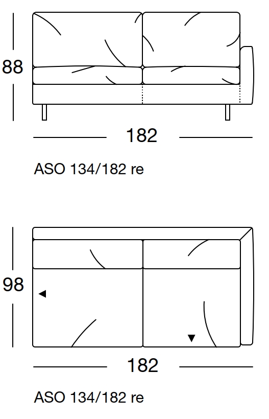 Maßzeichnung eines Sofaelement vor weißem Hintergrund freistil Rolf Benz 134