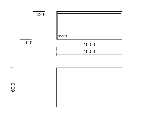 Diagramm zeigt die Abmessungen eines rechteckigen Rahmens: Breite 100.0 cm, Höhe 60.0 cm und Tiefe 42.9 cm