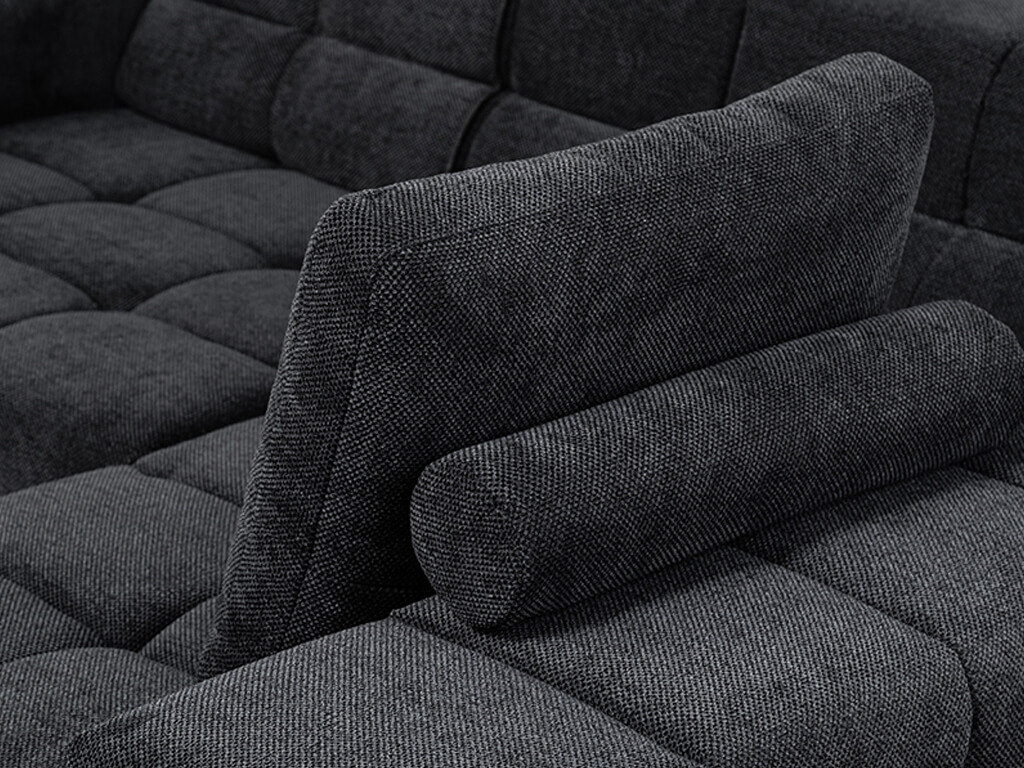 Detailaufnahme eines modularen Sofas mit verstellbaren Rückenlehnen und dunkelgrauem Stoffbezug