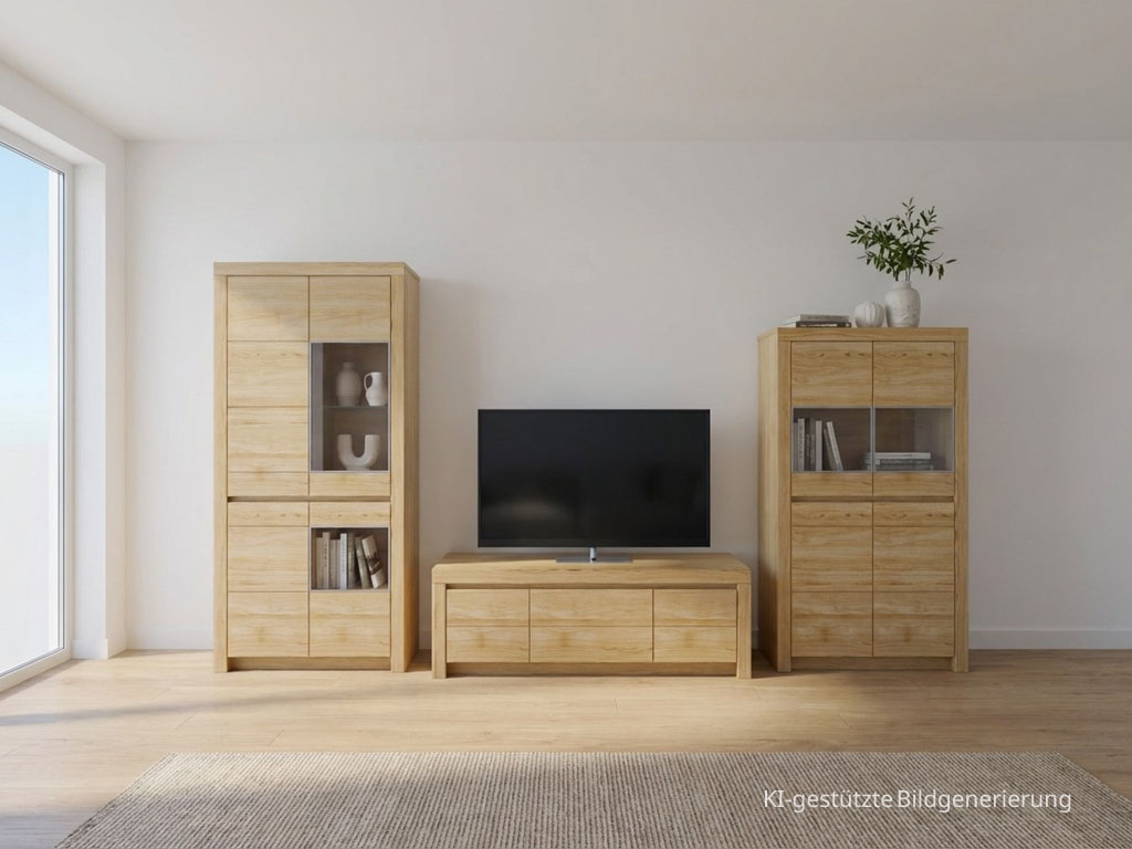 moderne braune Wohnwand stilvoll dekoriert in einem hellen Raum, Bild KI generiert