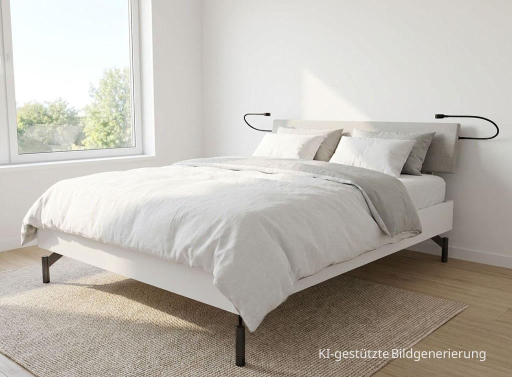 Hasena Lounge Broni weißes Bett schwarze Füße zwei Leselampen mit Bettwäsche