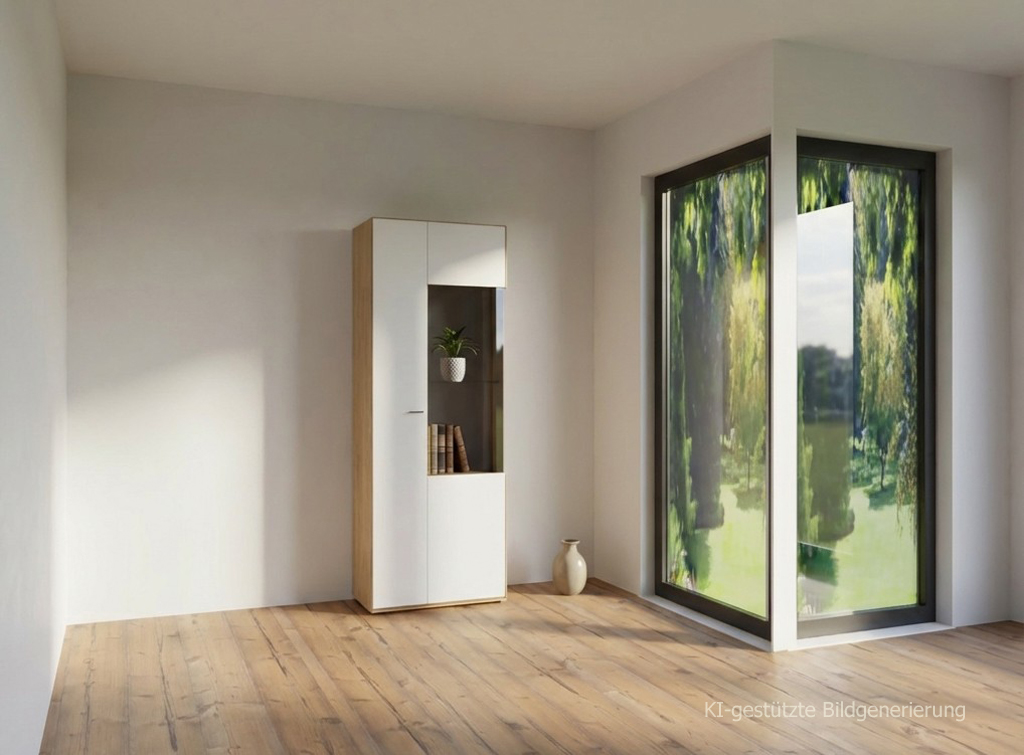 moderner weiß brauner Schrank stilvoll dekoriert in einem hellen Zimmer, Bild KI generiert