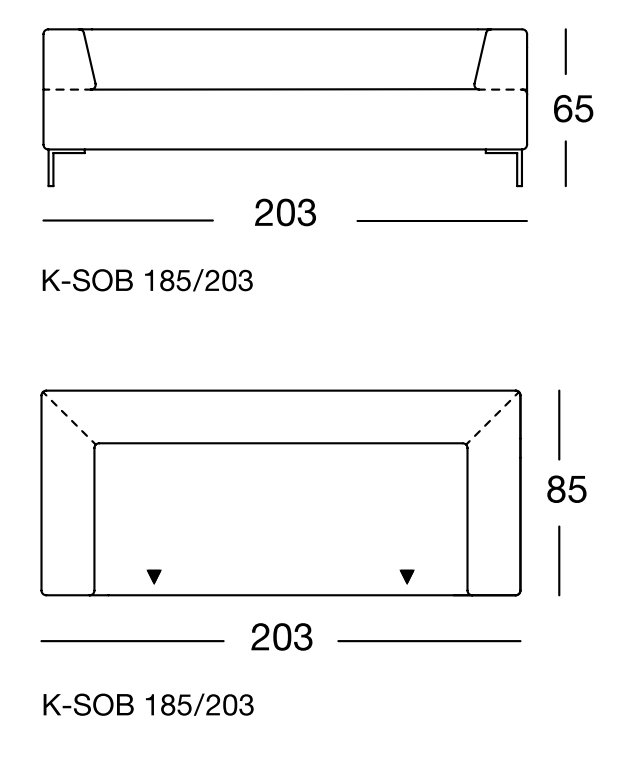 Maßzeichnung eines Sofaelements vor weißem Hintergrund freistil Rolf Benz 185