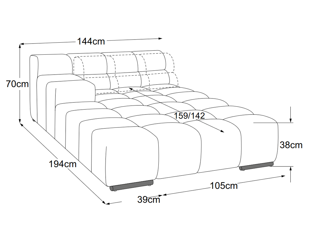 designwerk Temple - Recamiere large Armteil links | B: 144 cm | mit Rückenverstellung | D021139 Maßzeichnung eines Sofaelements vor weißem Hintergrund designwerk Temple