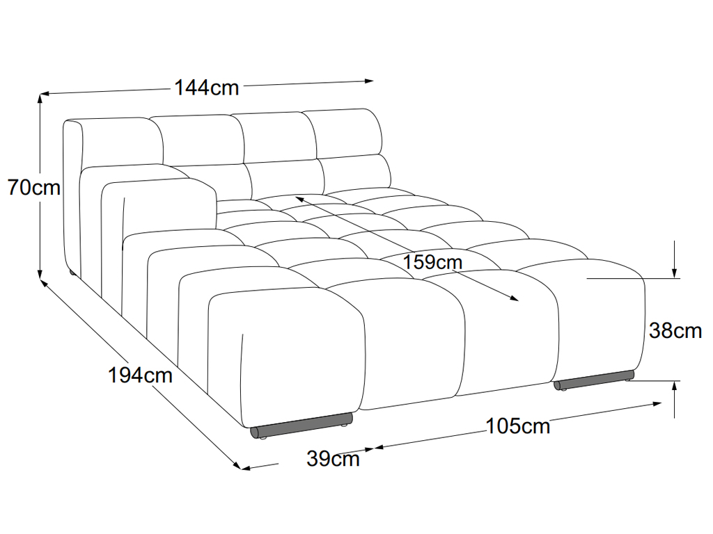 designwerk Temple - Recamiere large Armteil links | B: 144 cm | ohne Funktion | D021144 Maßzeichnung eines Sofaelements vor weißem Hintergrund designwerk Temple