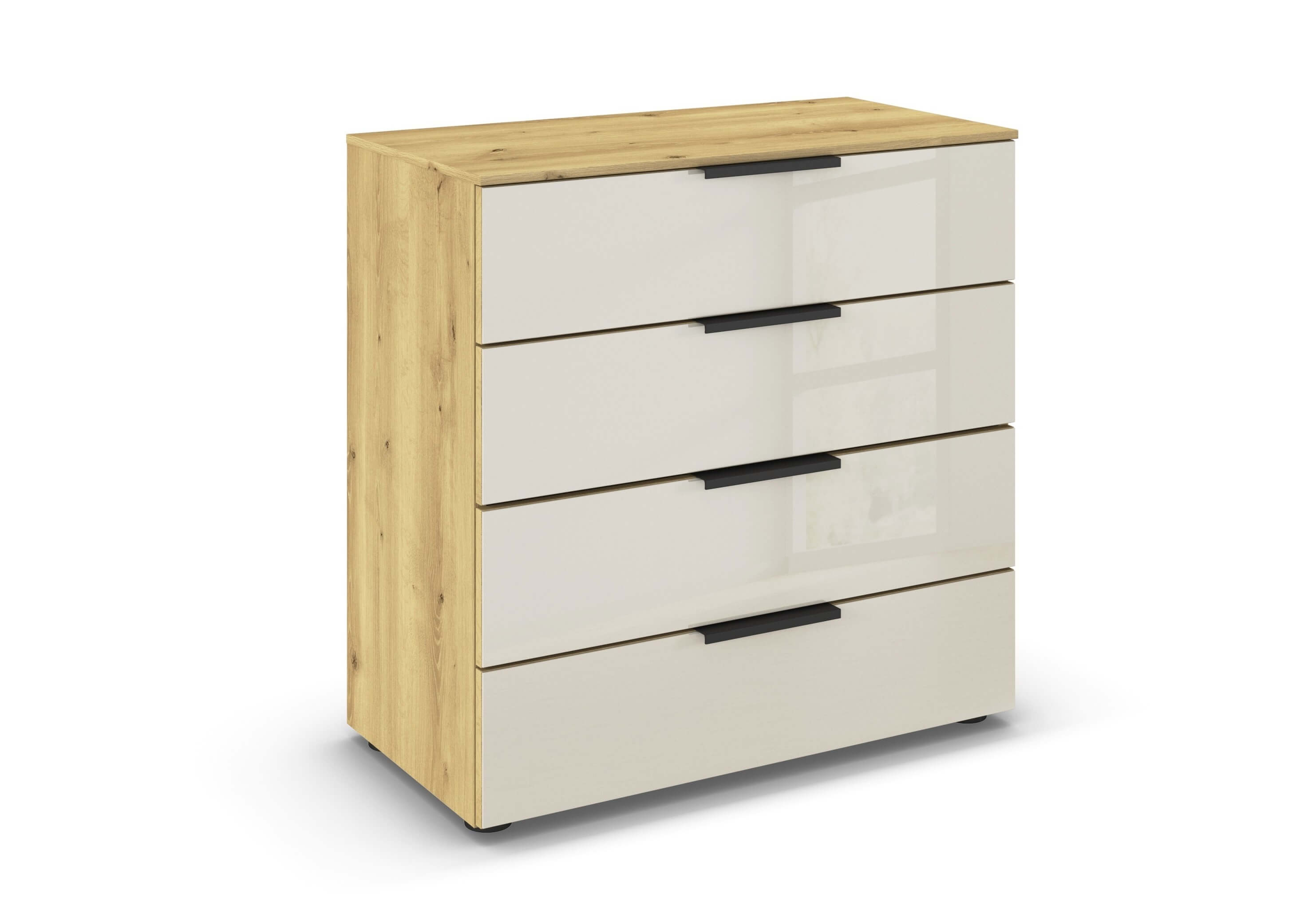 weiß, brauner Kommode mit vier Schubladen vor weißem Hintergrund