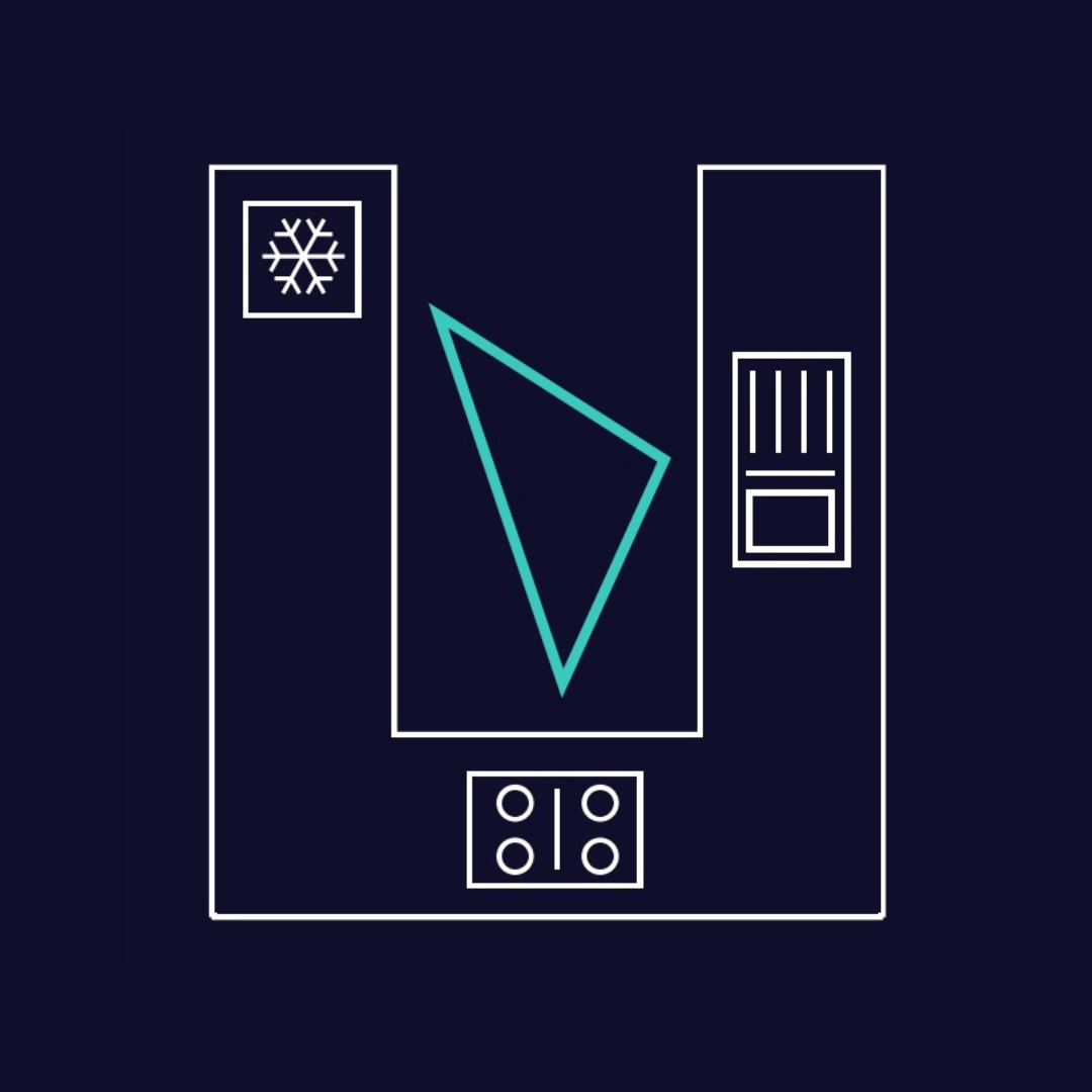 Illustration eines Küchenlayouts mit Herd, Kühlschrank und Dreiecksmuster auf dunklem Hintergrund