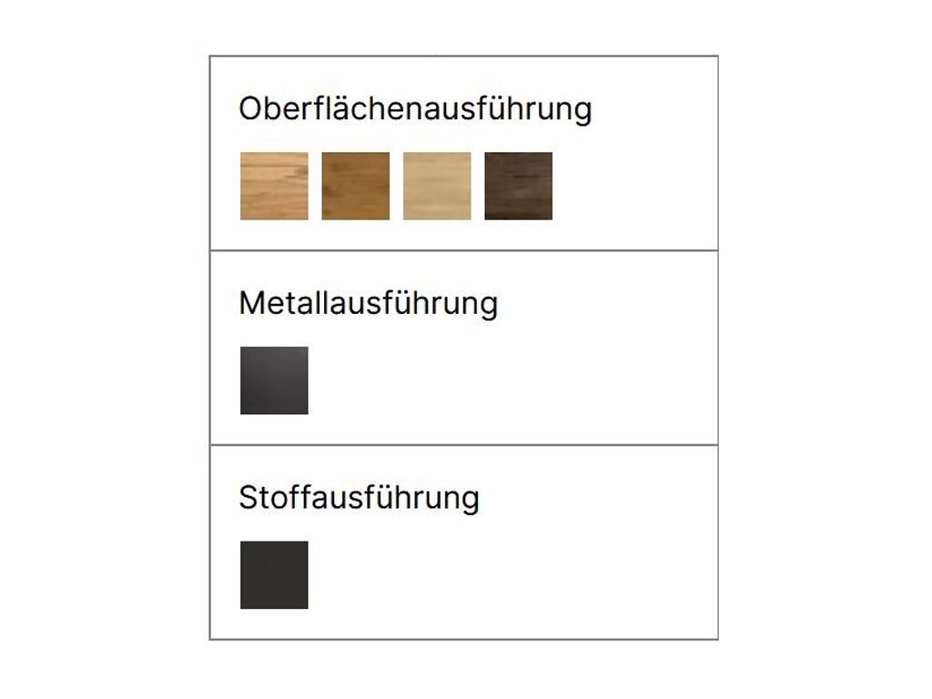 Ein Rasterbild, das die Farbausführungen für das Bett zeigt. Es gibt vier Holz-Oberflächenausführungen (hell, mittlerer Farbton, mittlerer Farbton mit Maserung, dunkel), eine anthrazitfarbene Metallausführung und eine anthrazitfarbene Stoffausführung.
