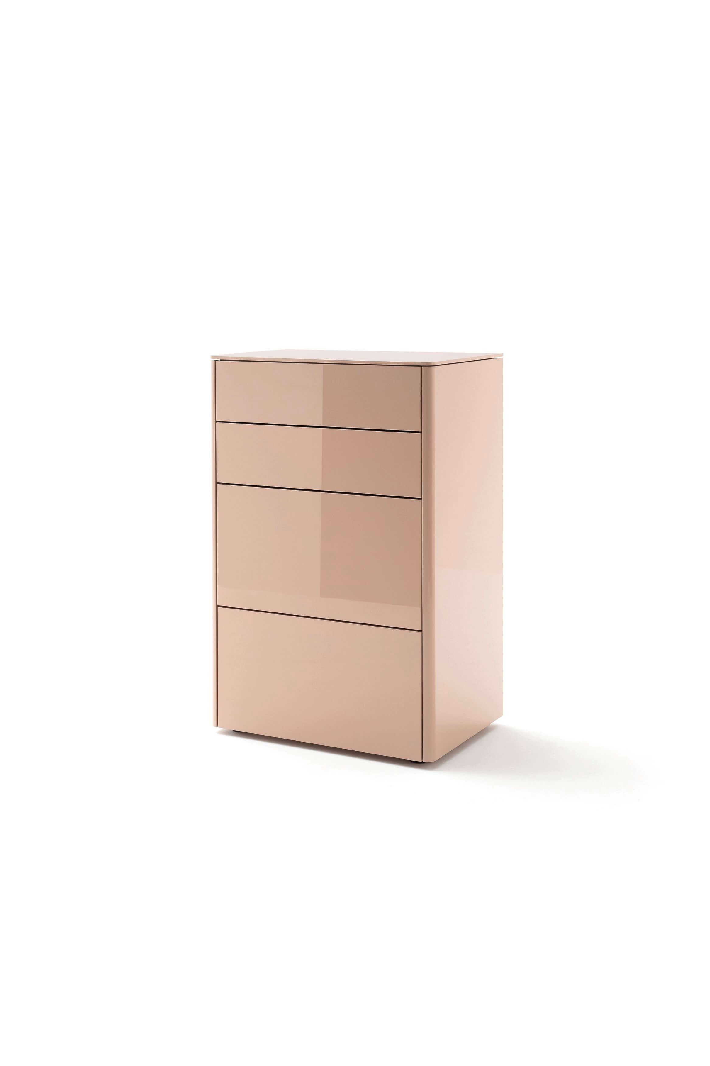 Moderne beige Kommode mit Hochglanzoberfläche und drei Schubladen