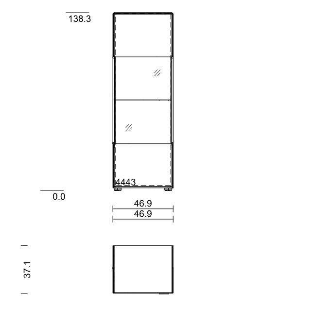 Maßzeichnung einer kleinen Vitrine vor weißem Hintergrund