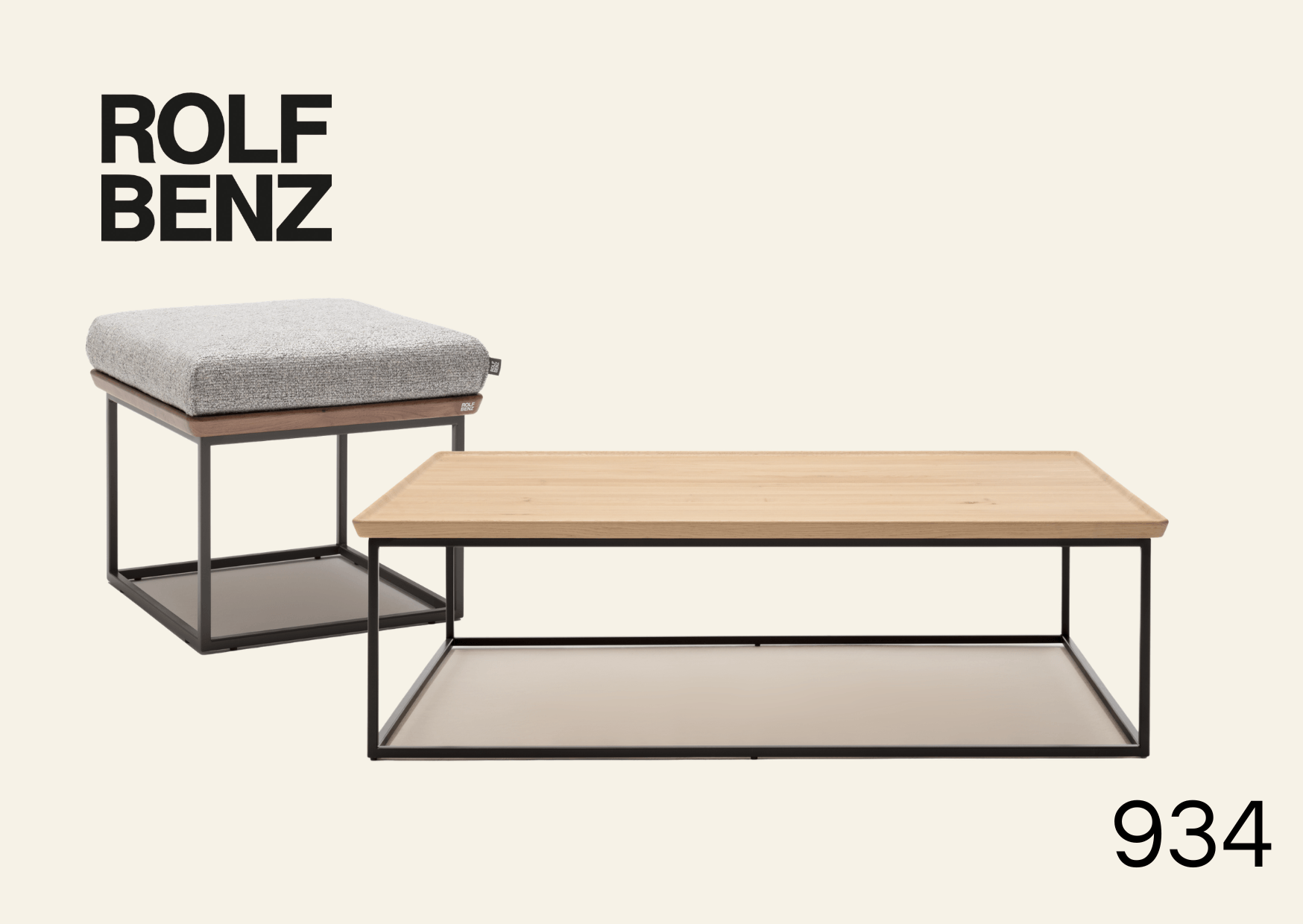 Zwei eckige Couchtische - minimalistisches Design mit Holztischplatte. Aufschrift Bild: Rolf Benz 934.