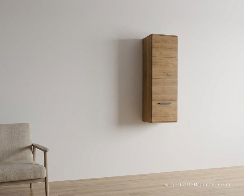 Moderner brauner Hängeschrank mit markantem Griff in einem modernen Zimmer, Bild KI generiert