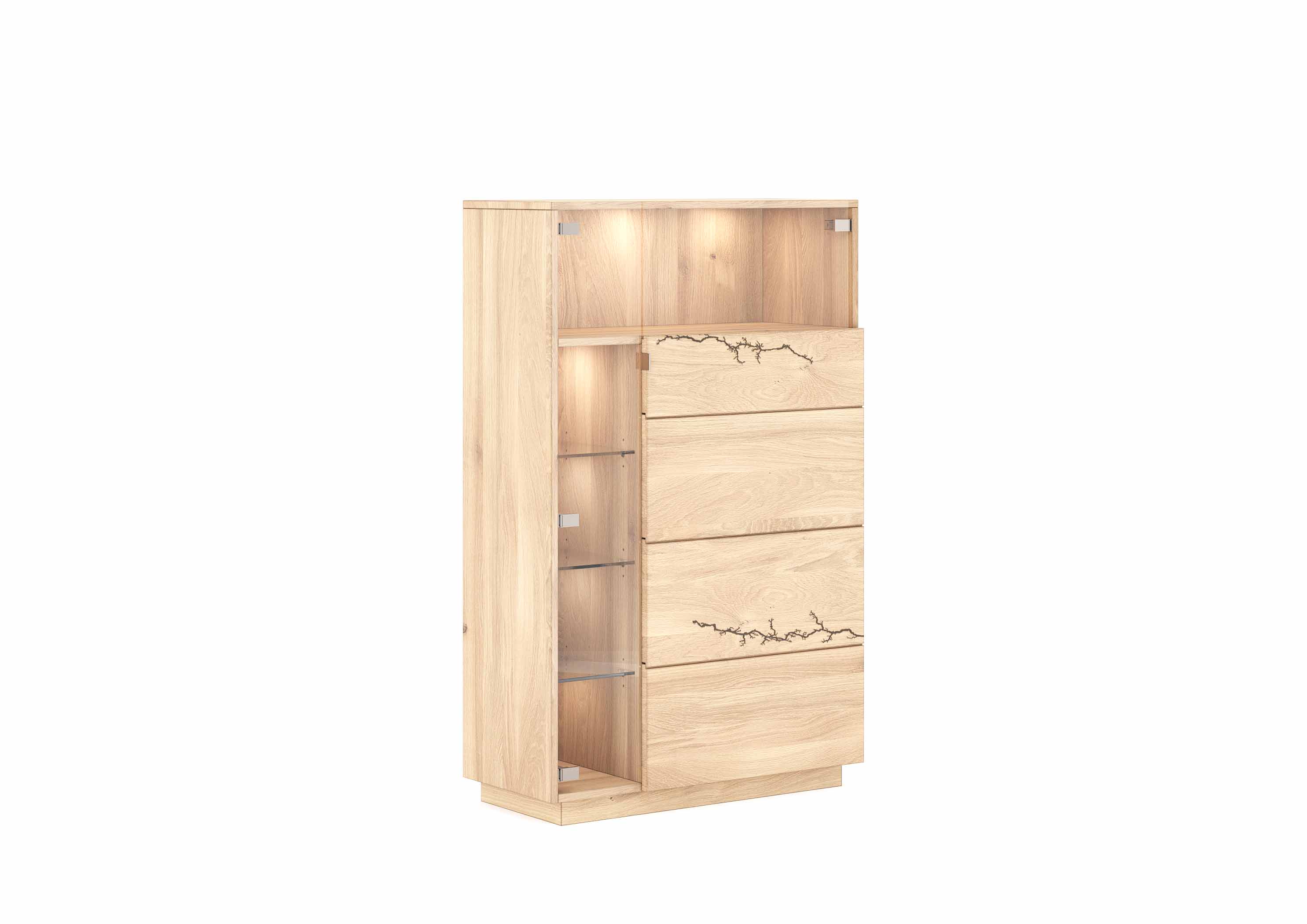 Eleganter Holzschrank mit dekorativen Akzenten, Glasregal und integrierter Beleuchtung