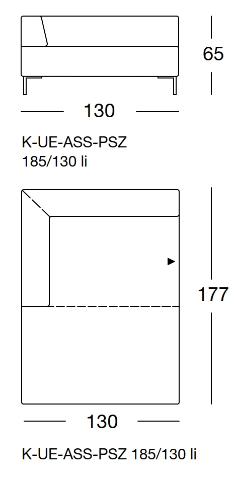Maßzeichnung eines Sofaelements vor weißem Hintergrund freistil Rolf Benz 185