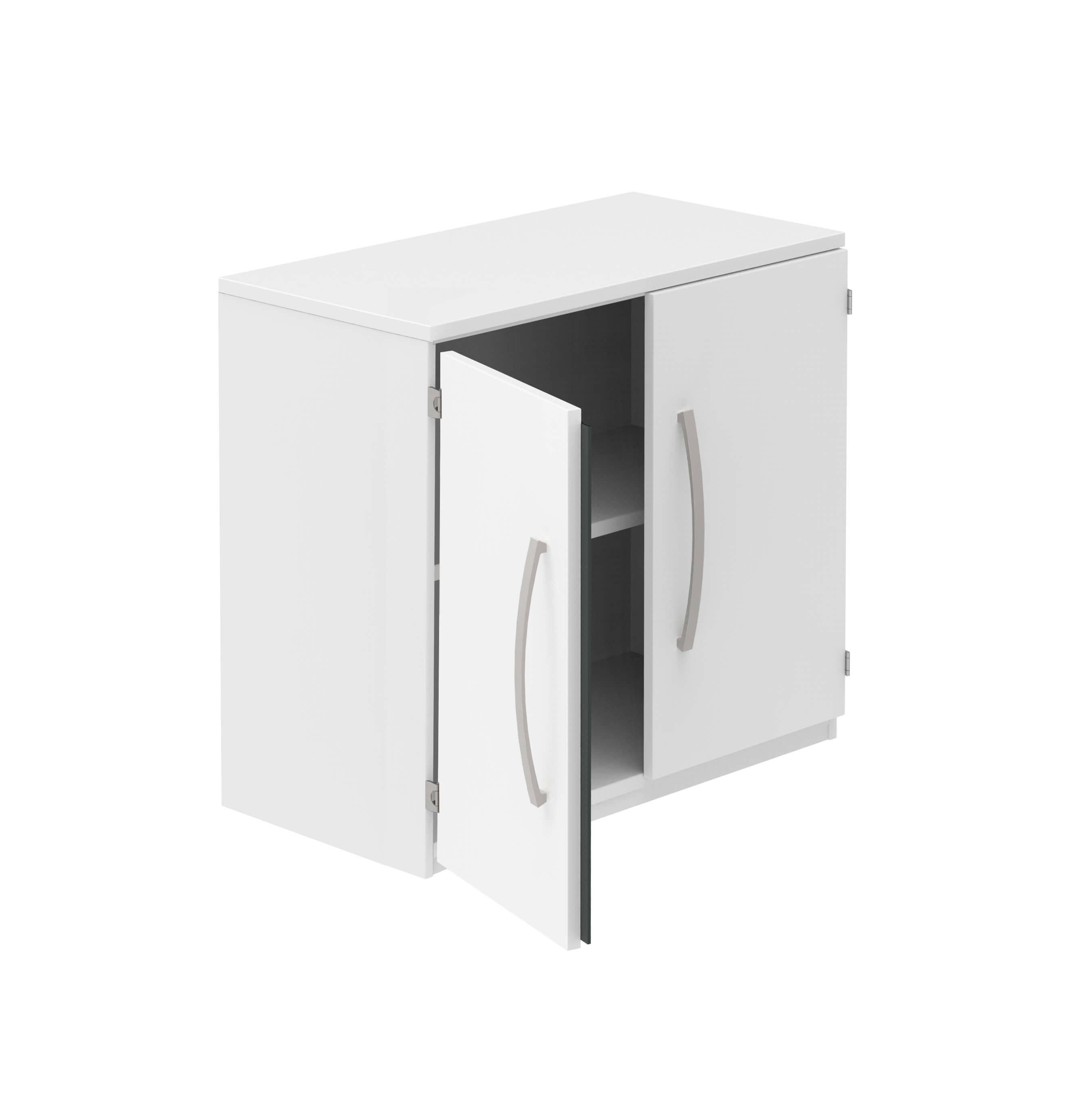 Weißer Küchenschrank mit zwei geöffneten Türen und modernem Design