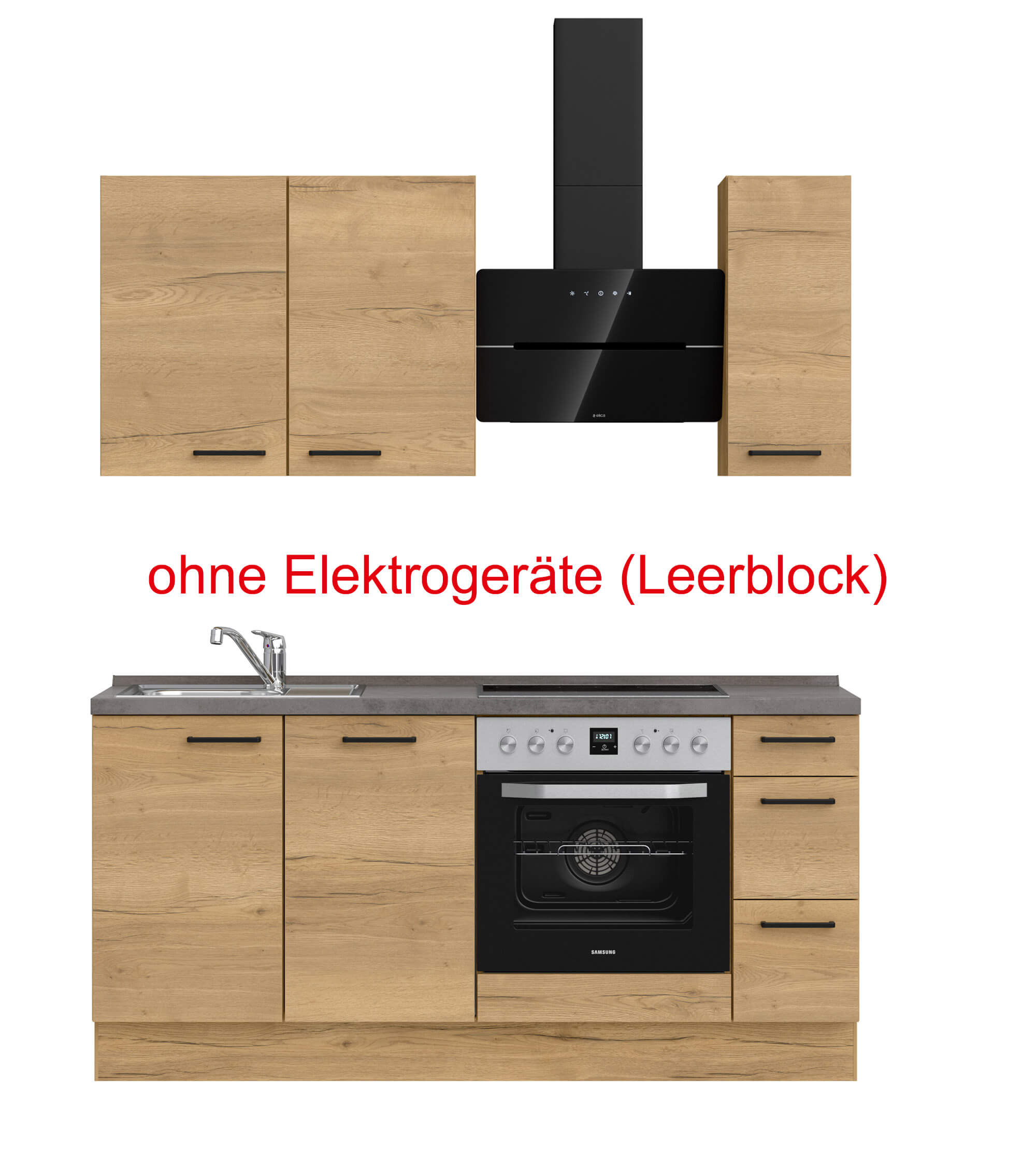 küchenzeile braun, grau mit Backofen, Herd, Dunstabzugshaube, Waschbecken, Armatur mit Hinweistext ohne Elektrogeräte (Leerblock) nobilia structura
