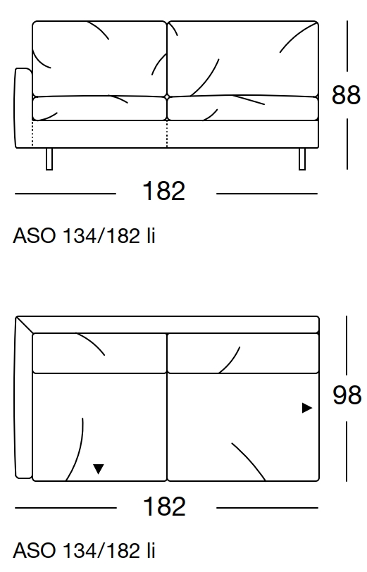 Maßzeichnung eines Sofaelement vor weißem Hintergrund freistil Rolf Benz 134