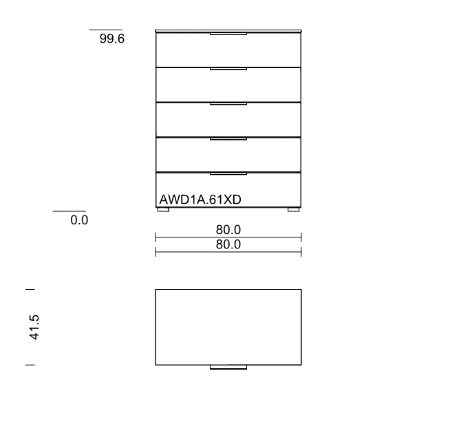 Maßzeichnung einer Kommode mit fünf Schubladen vor weißem Hintergrund
